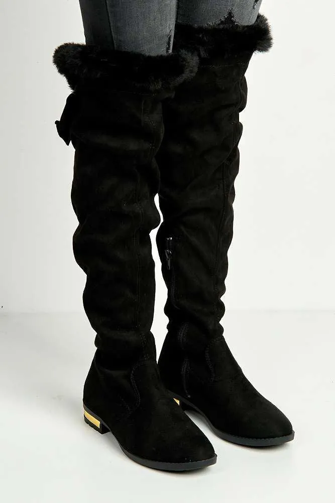 Atalia Faux Fur Collar Gold trim Calf Boots in Black