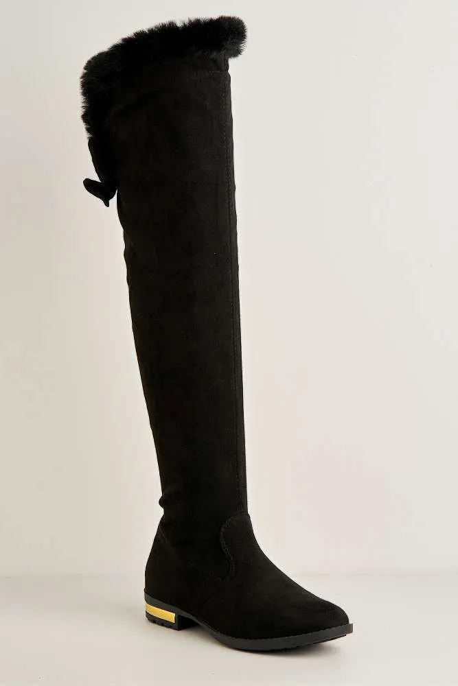 Atalia Faux Fur Collar Gold trim Calf Boots in Black