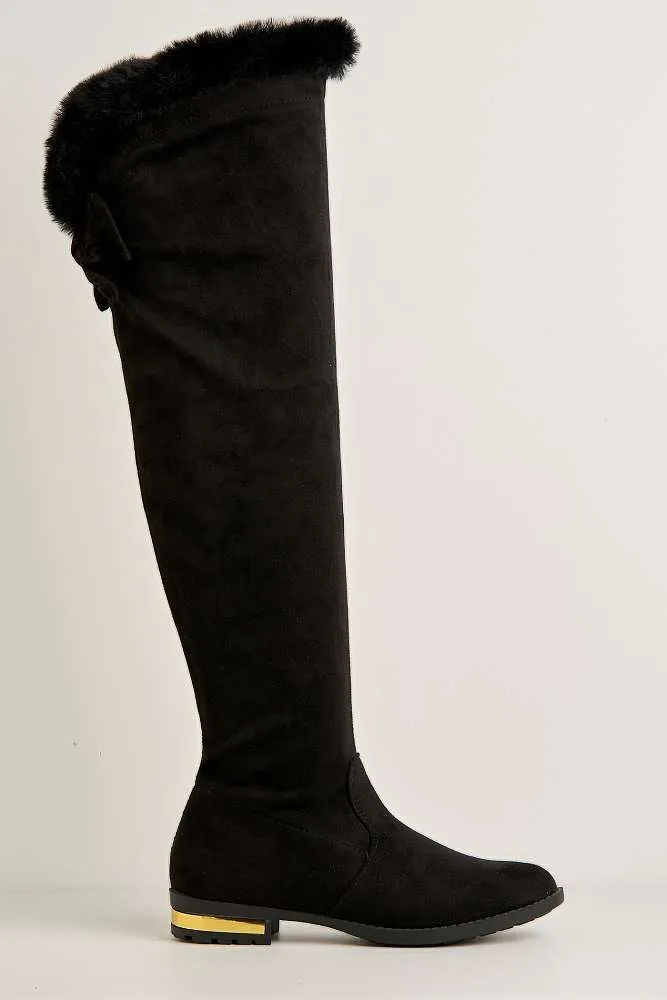 Atalia Faux Fur Collar Gold trim Calf Boots in Black
