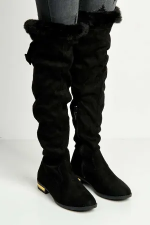 Atalia Faux Fur Collar Gold trim Calf Boots in Black