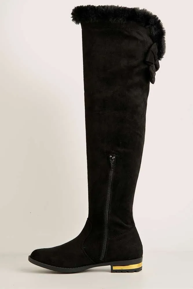 Atalia Faux Fur Collar Gold trim Calf Boots in Black