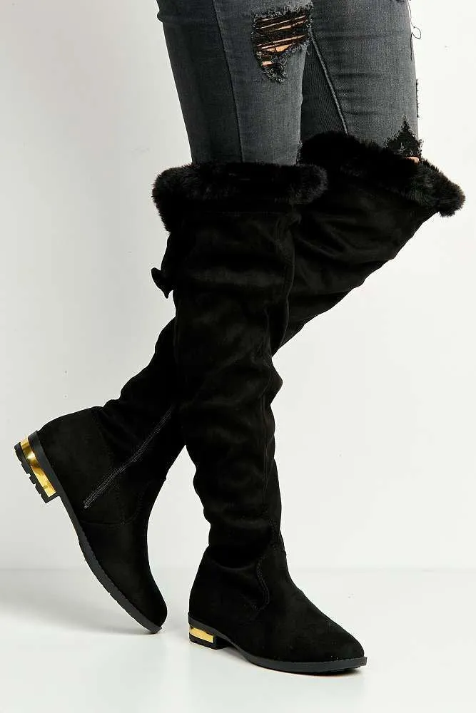 Atalia Faux Fur Collar Gold trim Calf Boots in Black