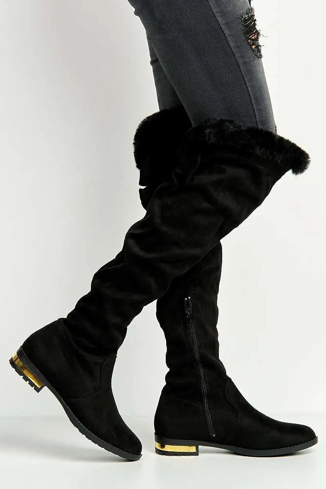 Atalia Faux Fur Collar Gold trim Calf Boots in Black