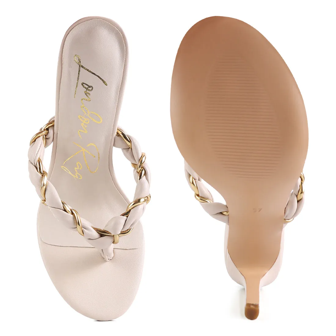 Beige Braided With Gold Accent Flip-Flop Heels