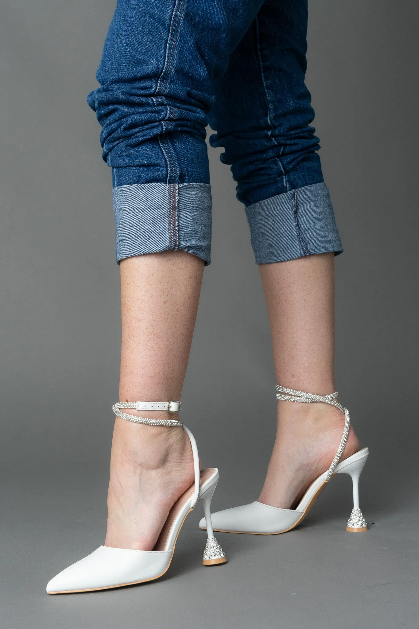 Bianca Rhinestone Ankle Wrap Round Heel Stiletto