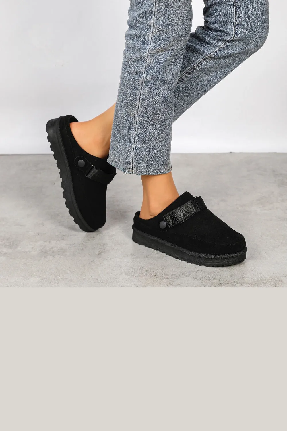 BLACK FAUX SUEDE STRAPPY CLOGS SLIP ON MULES SLIPPERS