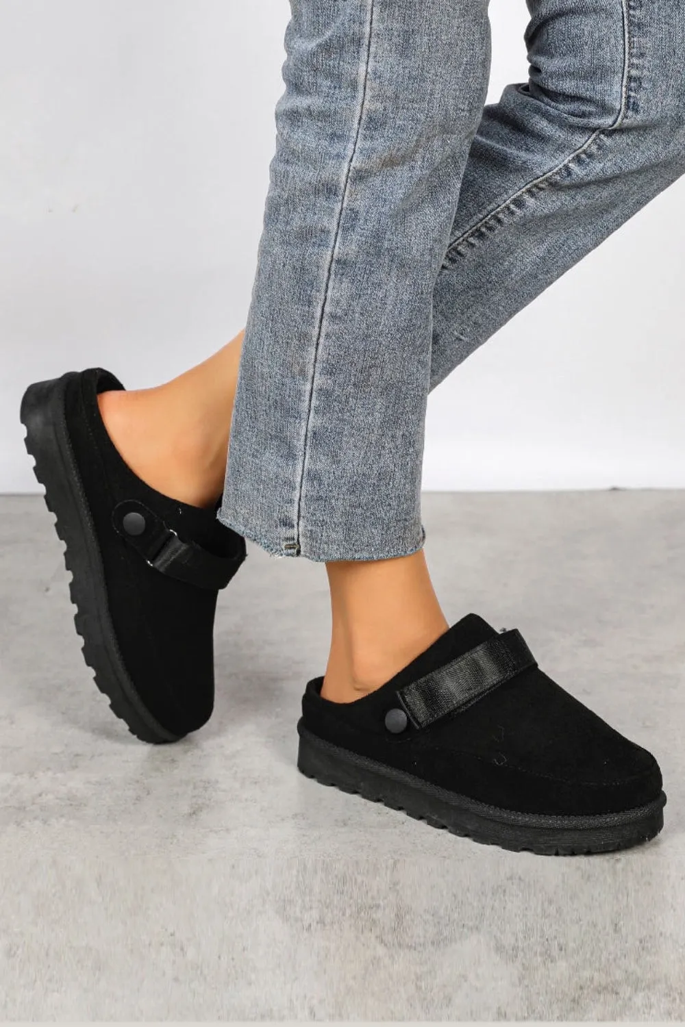 BLACK FAUX SUEDE STRAPPY CLOGS SLIP ON MULES SLIPPERS