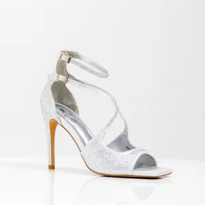 Ekani studded asym bands 10cm heel sandal silver