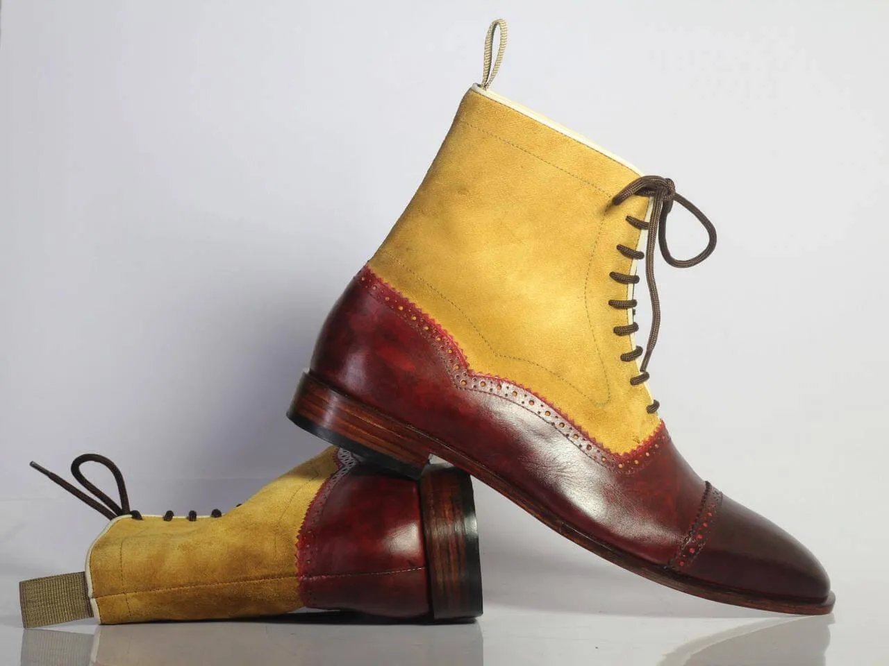 Handmade Men's Ankle High Burgundy Tan Boots, Men Cap Toe Leather Suede Boots