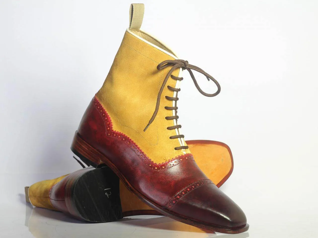 Handmade Men's Ankle High Burgundy Tan Boots, Men Cap Toe Leather Suede Boots
