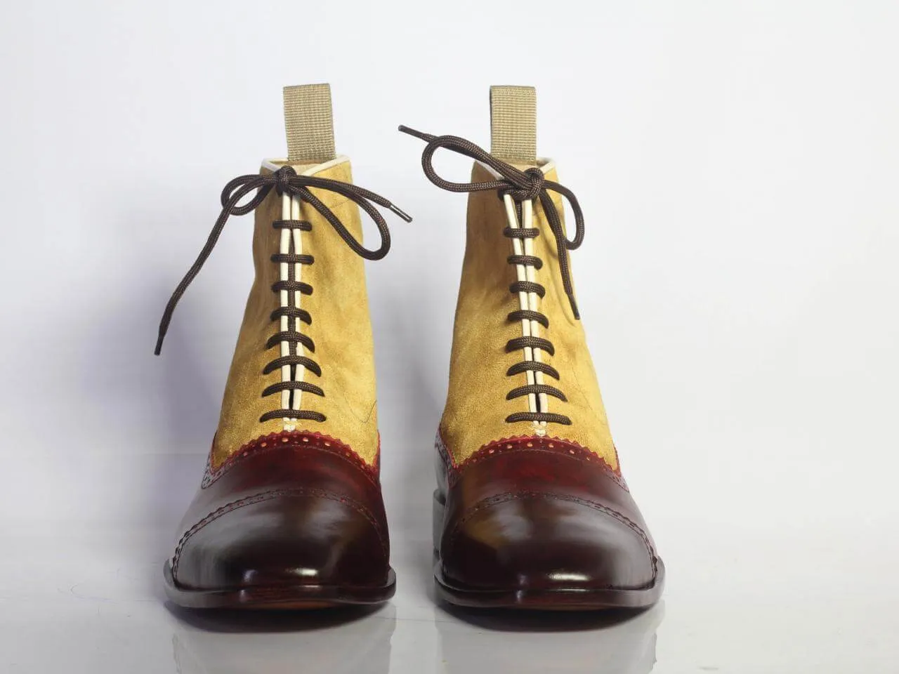 Handmade Men's Ankle High Burgundy Tan Boots, Men Cap Toe Leather Suede Boots