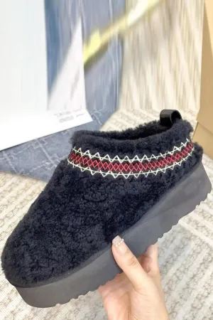 House Of Sehrish HC001 Black Shearling Platform Slippers Faux Fur Lined Ankle Boots