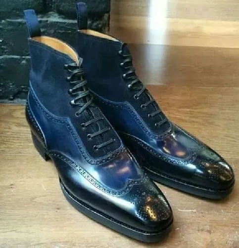 Men's Handmade Blue Wing Tip Brogue Boots, Men Leather Suede Designer Boots