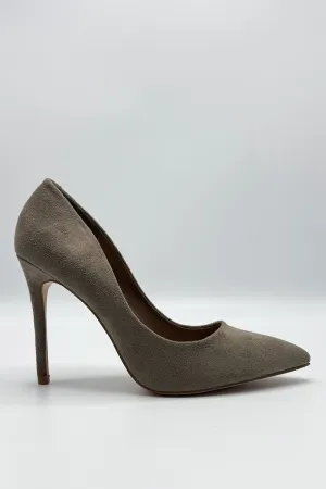 Mila High Stiletto Heel Court Shoe in Taupe Suede