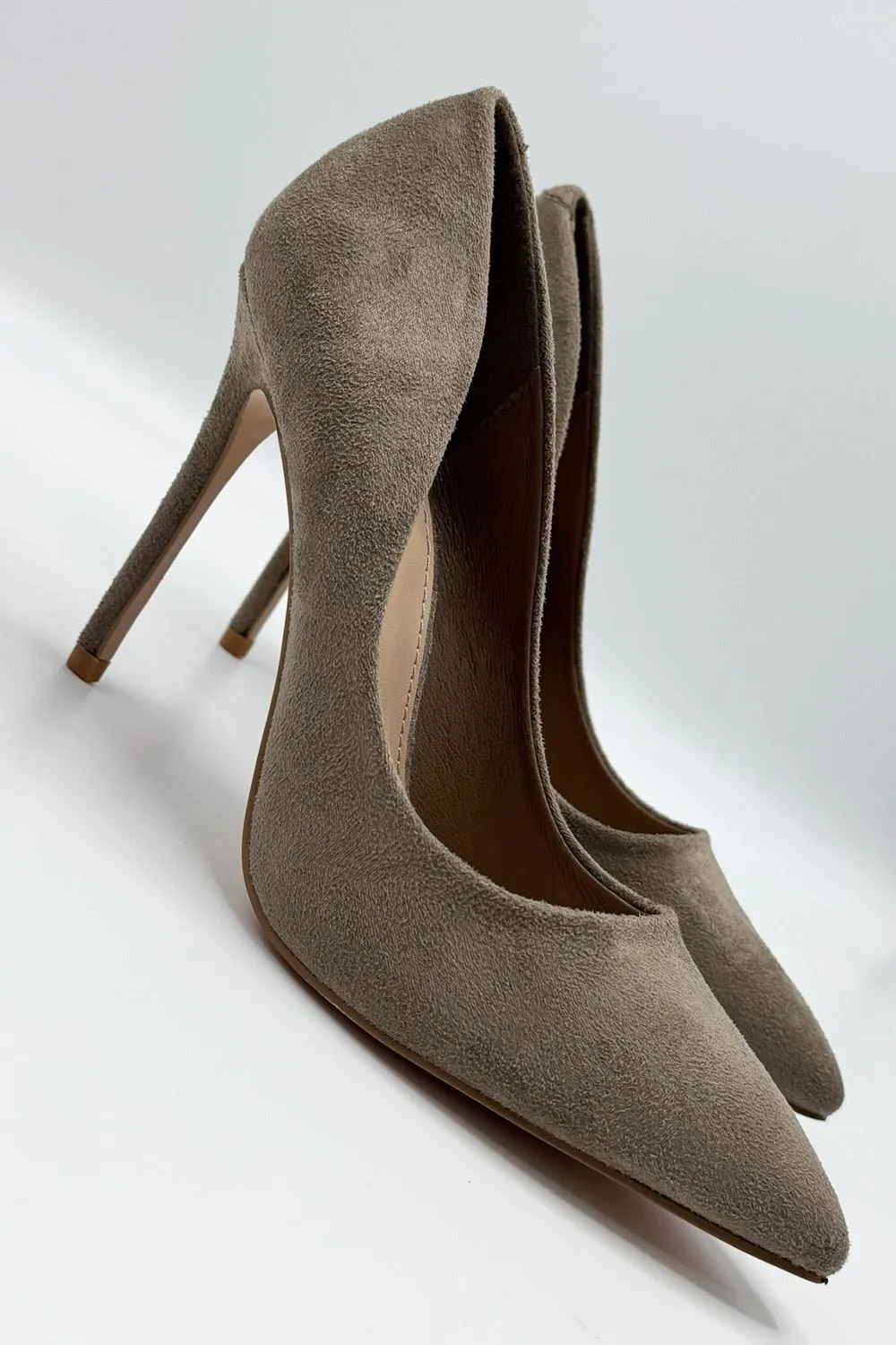 Mila High Stiletto Heel Court Shoe in Taupe Suede