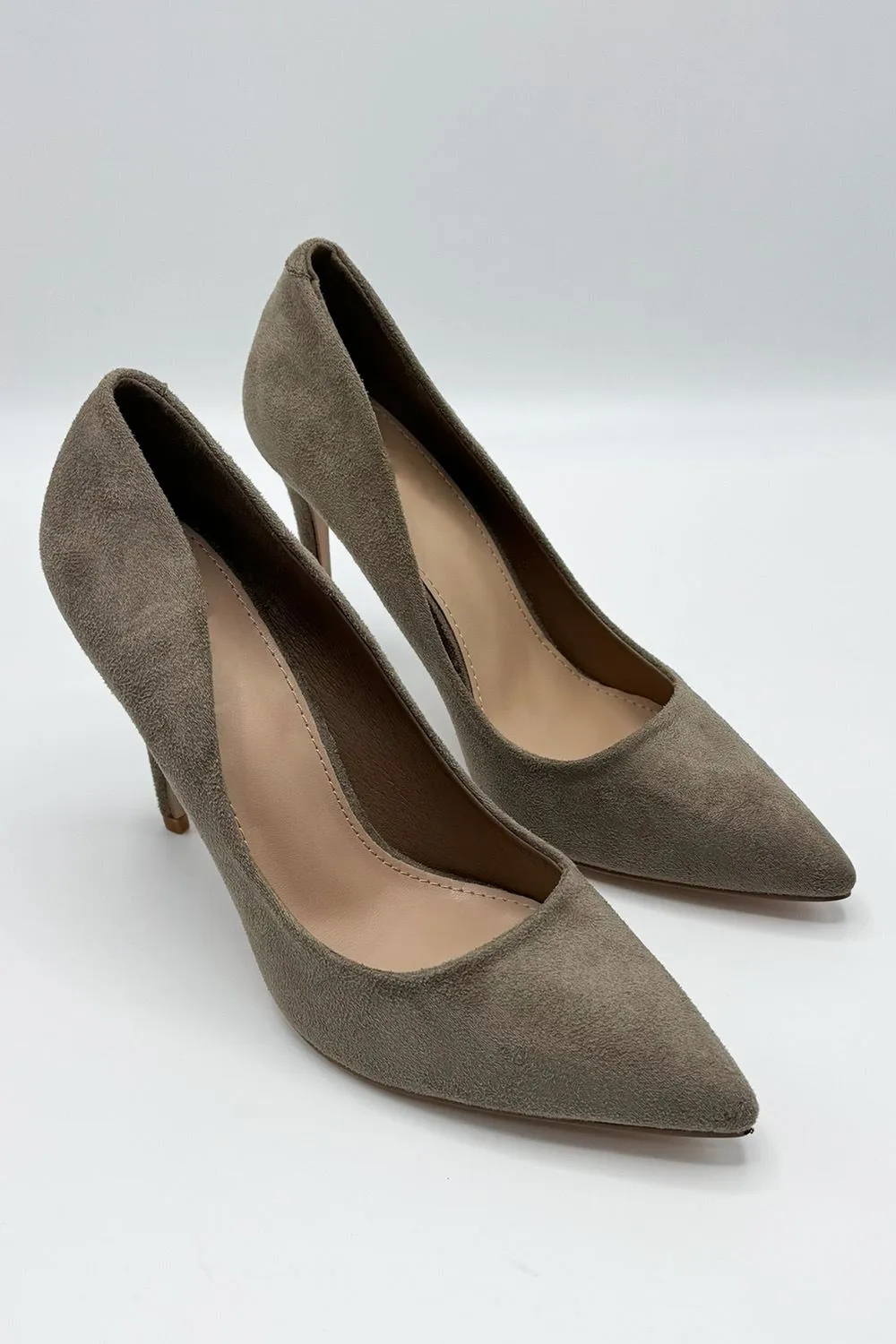 Mila High Stiletto Heel Court Shoe in Taupe Suede