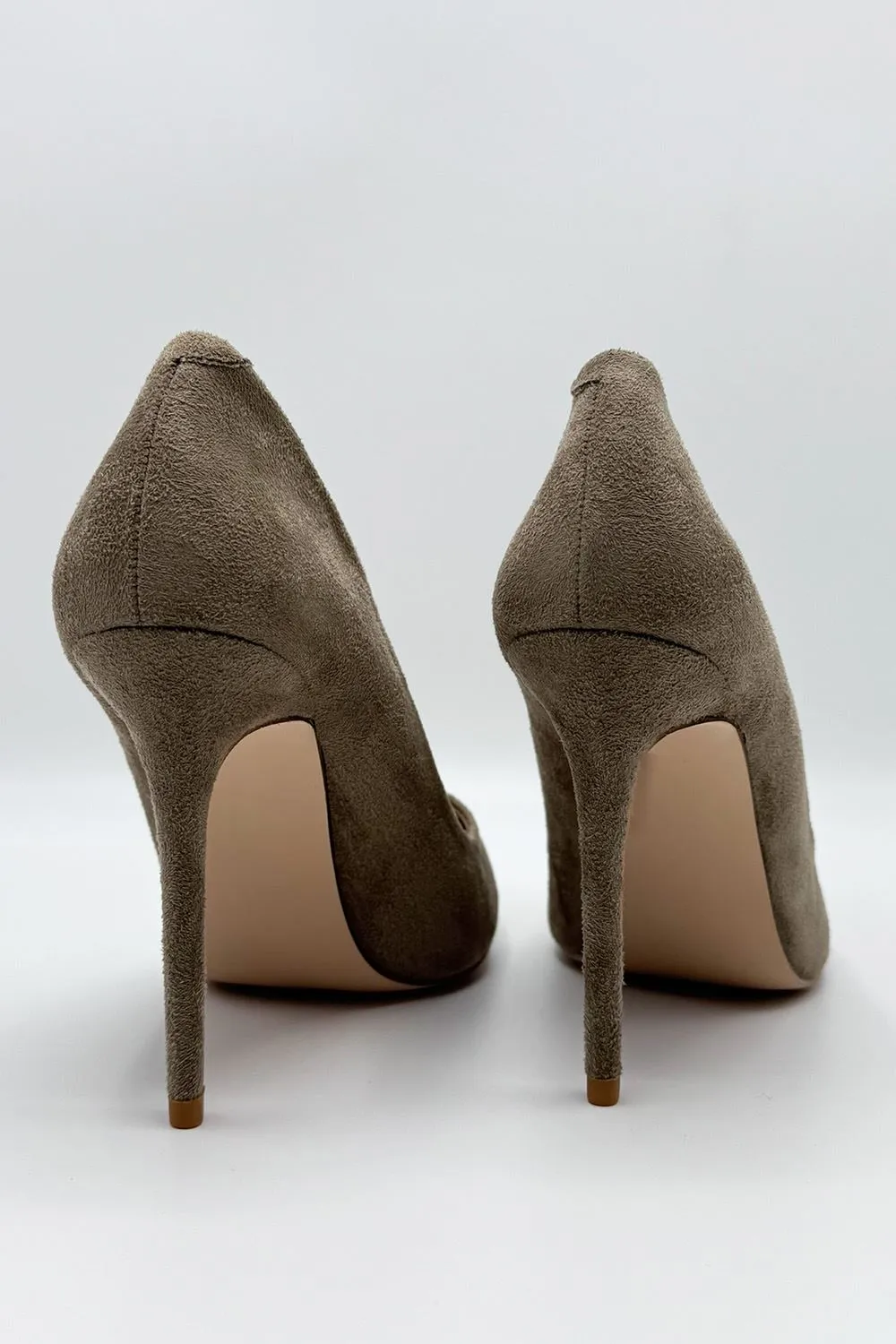 Mila High Stiletto Heel Court Shoe in Taupe Suede
