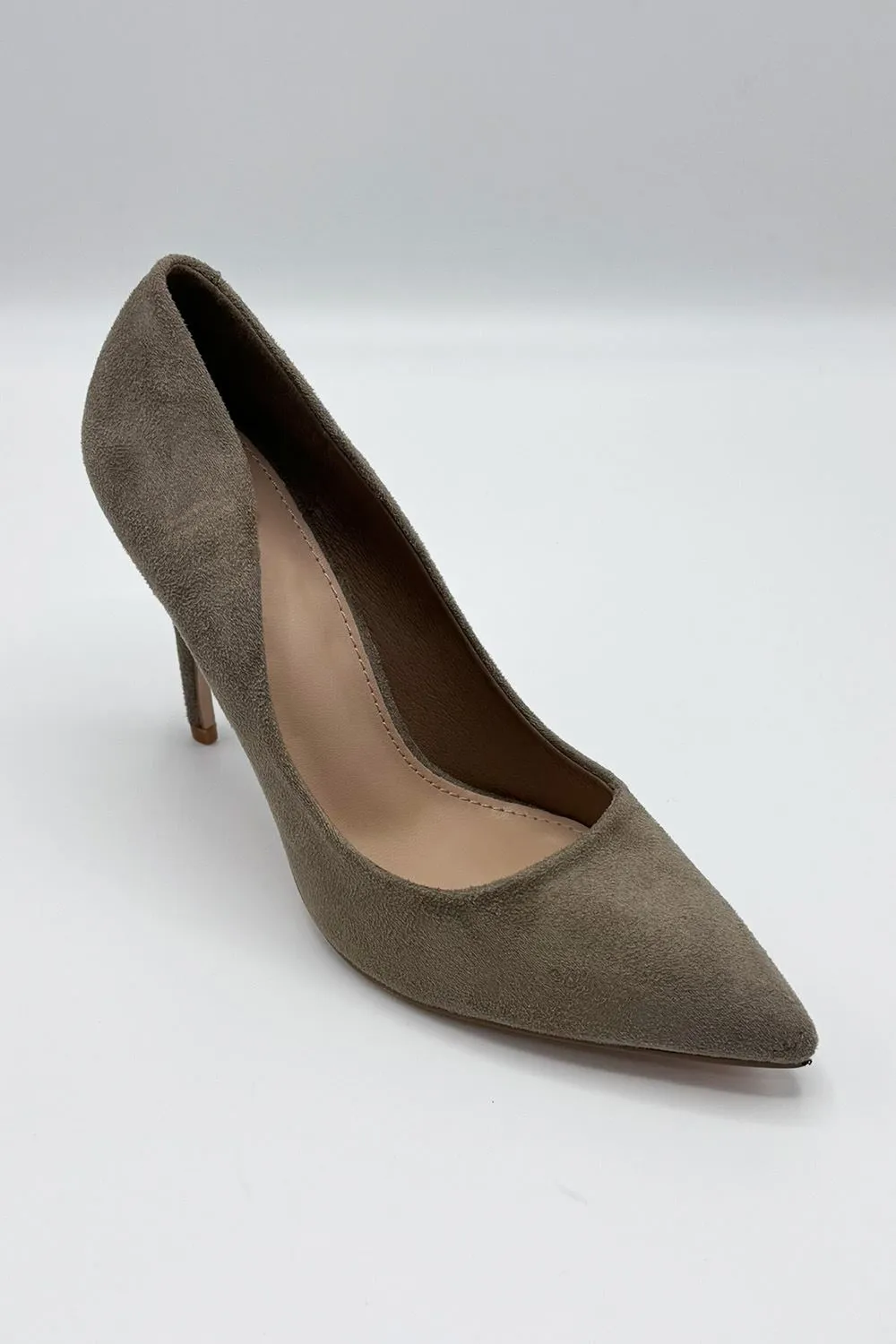 Mila High Stiletto Heel Court Shoe in Taupe Suede