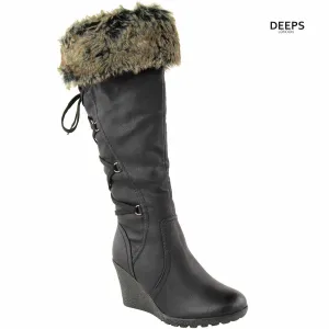 OAKLY WOMEN’S MID WEDGE FUR LINED WARM WINTER KNEE CALF ZIP BOOTS