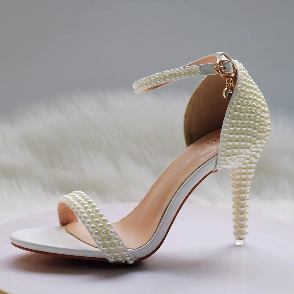 Pearls ankle strap wedding high heels one band party dress stiletto heels
