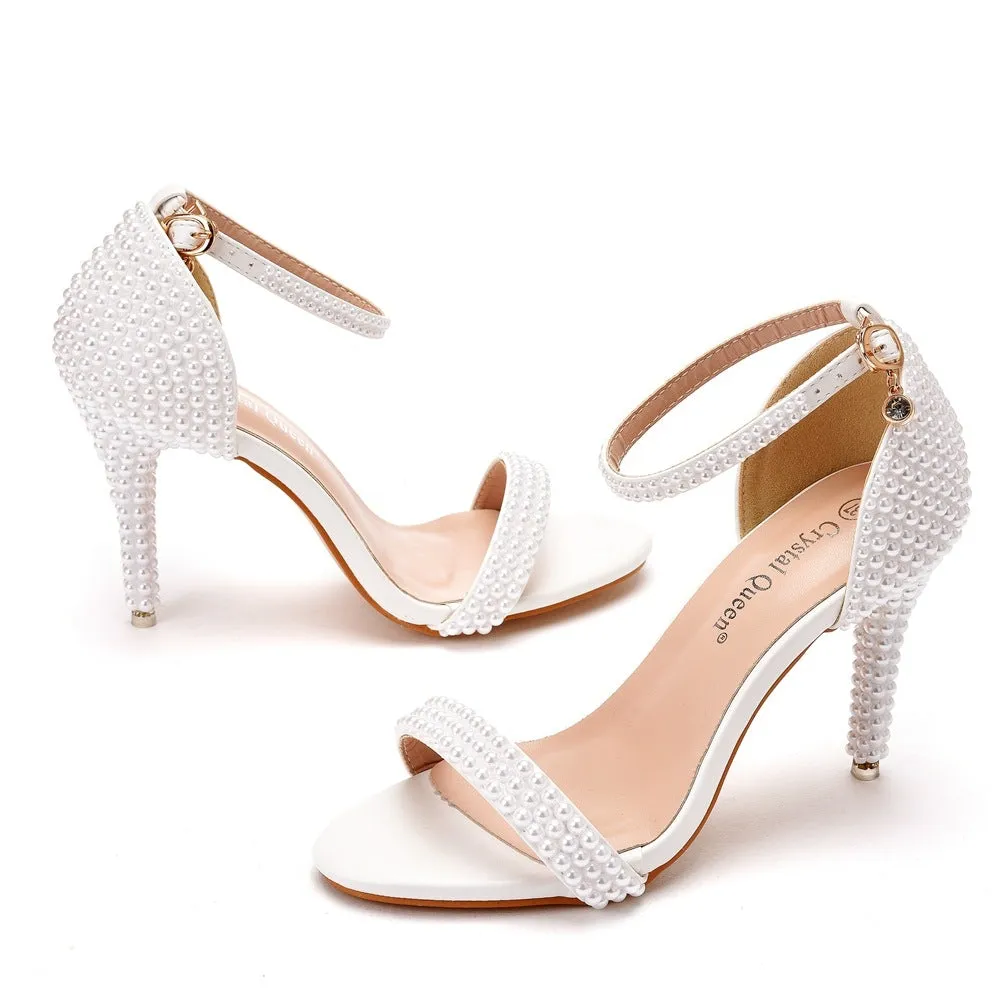 Pearls ankle strap wedding high heels one band party dress stiletto heels