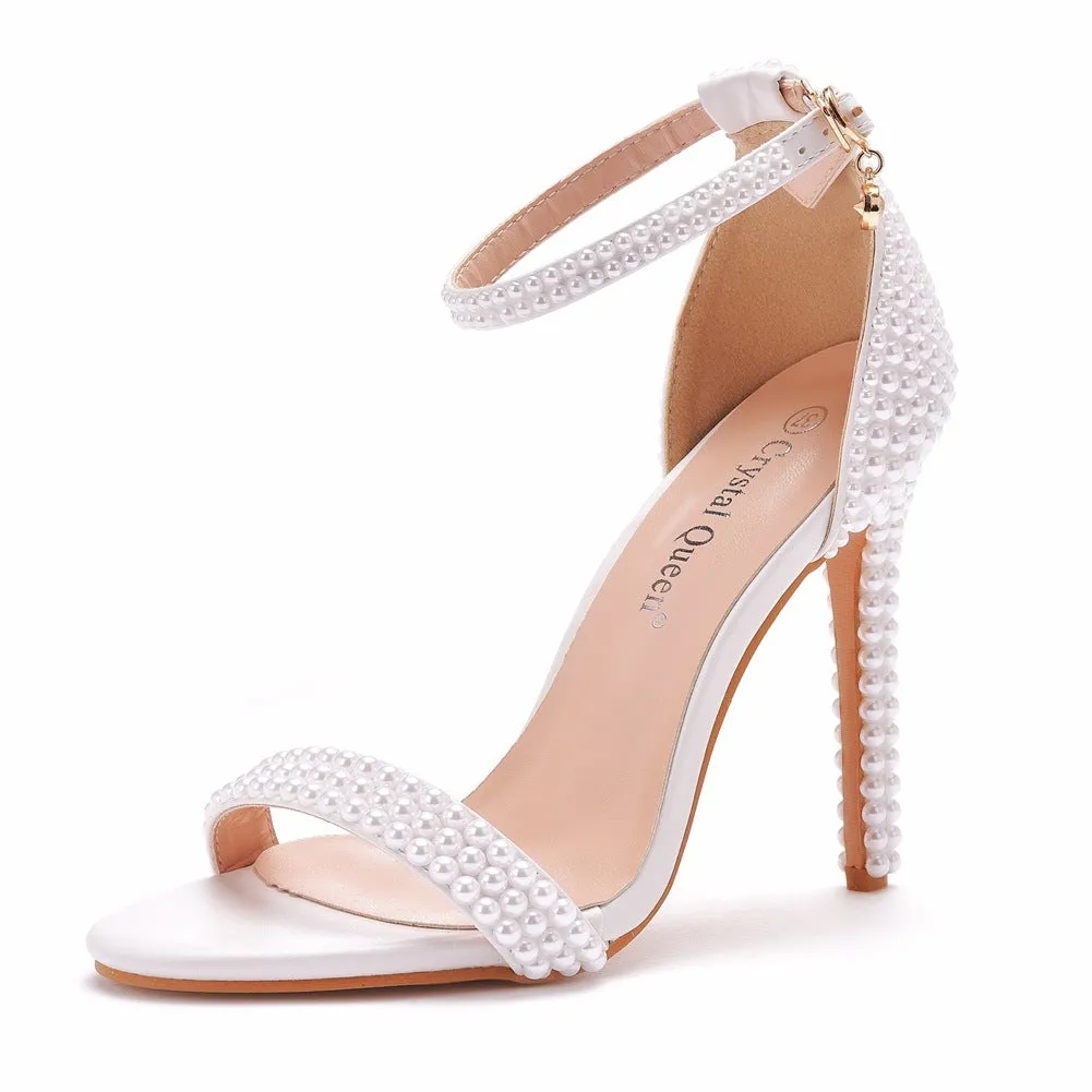 Pearls ankle strap wedding high heels one band party dress stiletto heels
