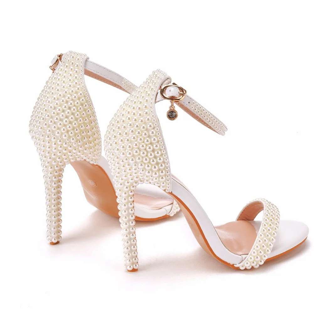 Pearls ankle strap wedding high heels one band party dress stiletto heels
