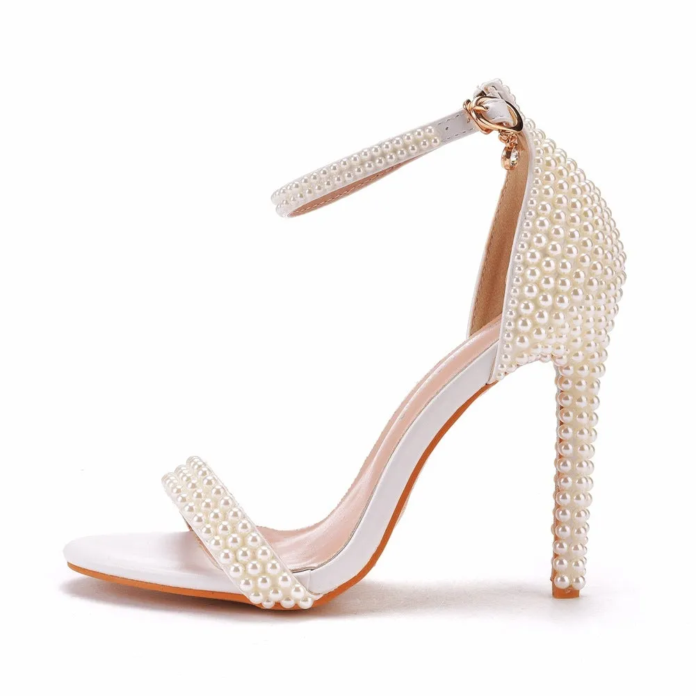 Pearls ankle strap wedding high heels one band party dress stiletto heels