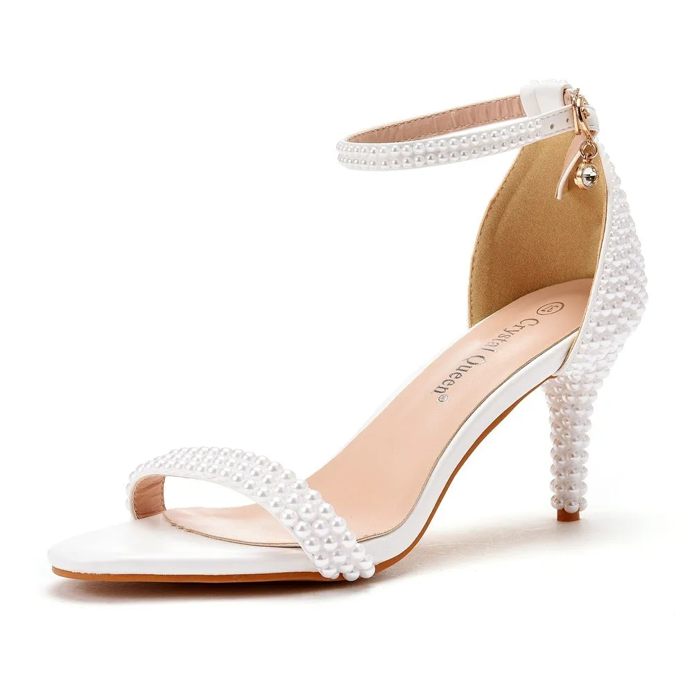 Pearls ankle strap wedding high heels one band party dress stiletto heels