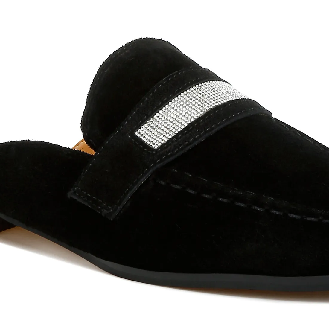 Rhinestone Strap Suede Mules
