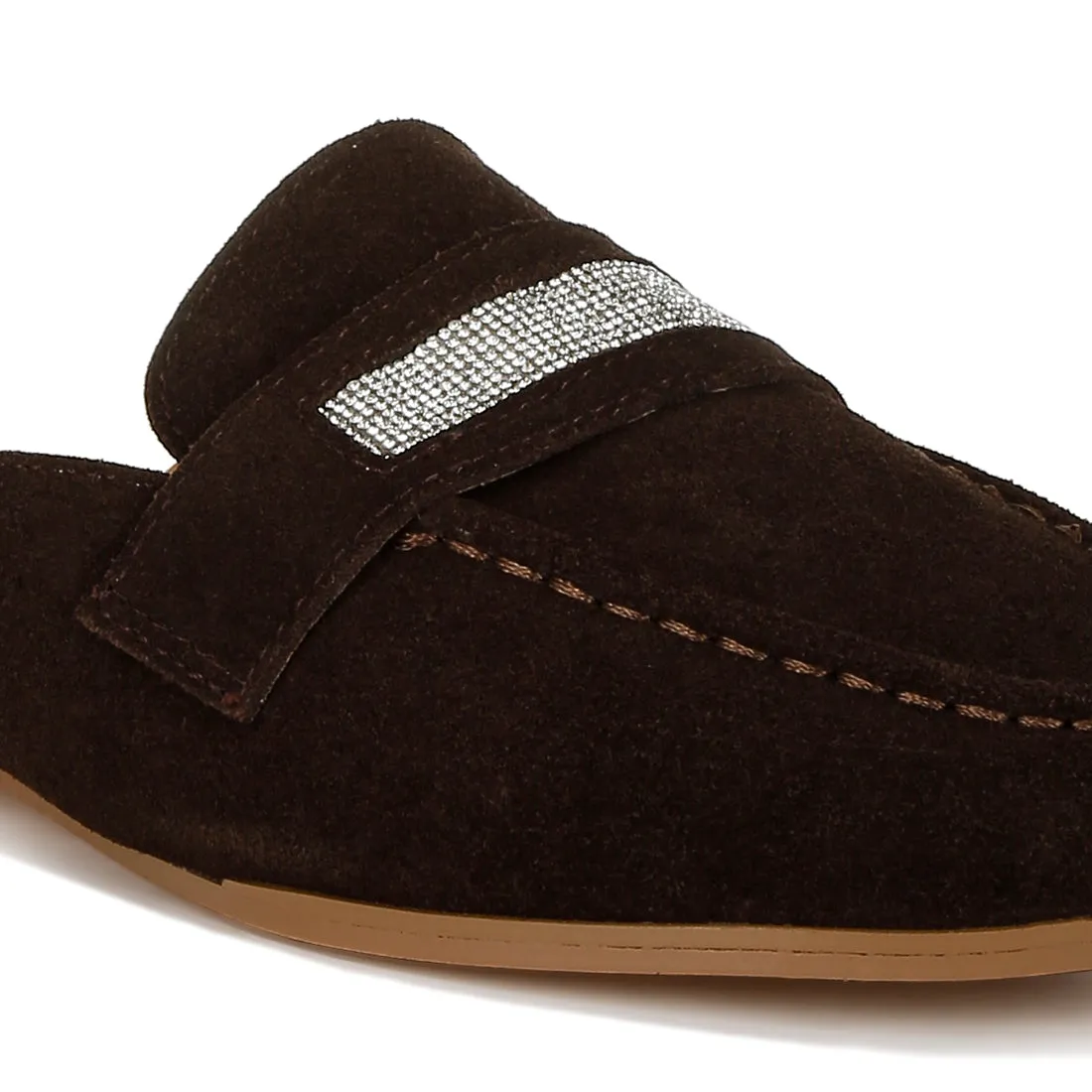 Rhinestone Strap Suede Mules