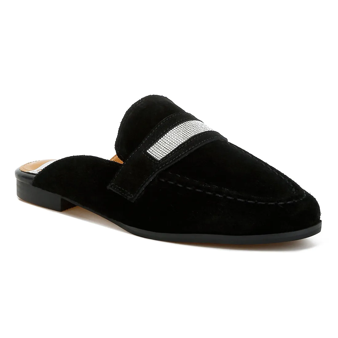 Rhinestone Strap Suede Mules