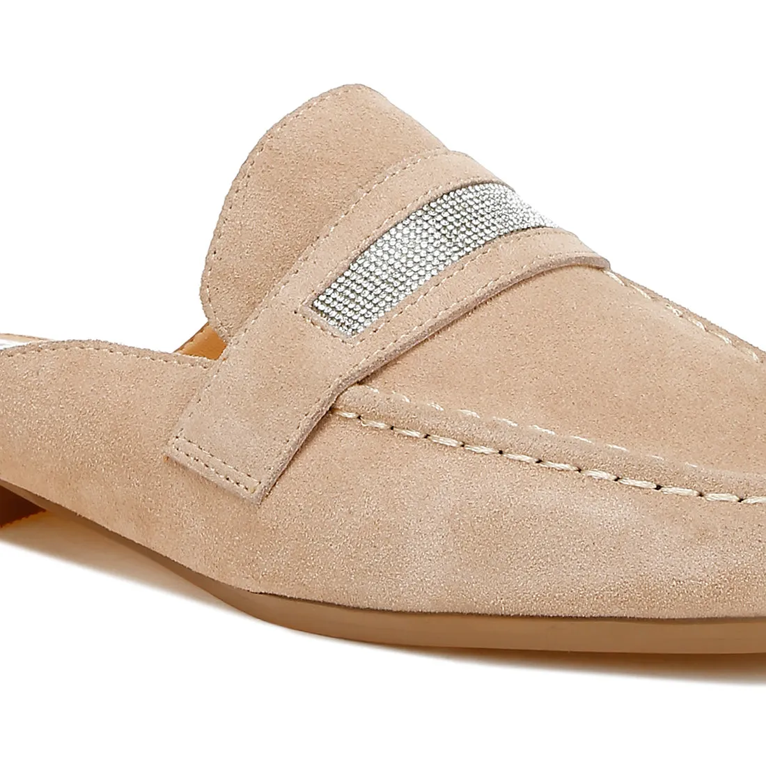 Rhinestone Strap Suede Mules