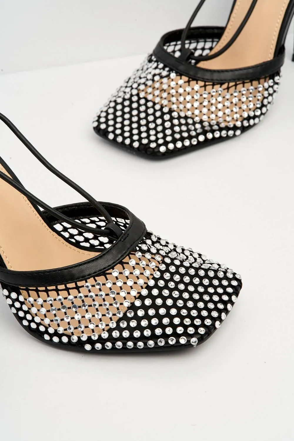 Rosalyn Mesh & Gemstone Detail Lace-up Heel in Black