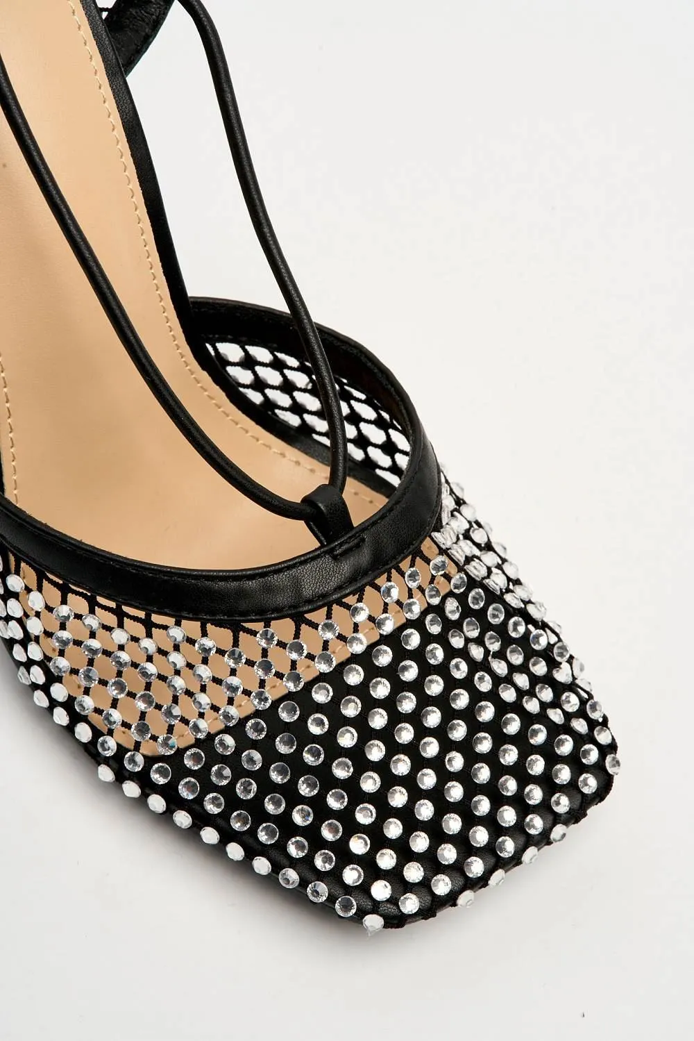 Rosalyn Mesh & Gemstone Detail Lace-up Heel in Black