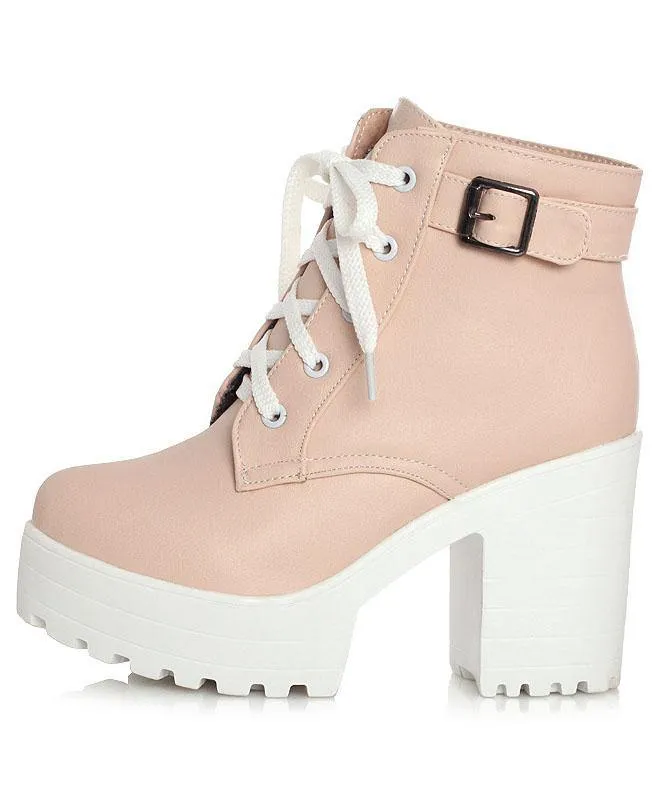 Vintage Cross Strap Chunky Boots Pink Faux Leather