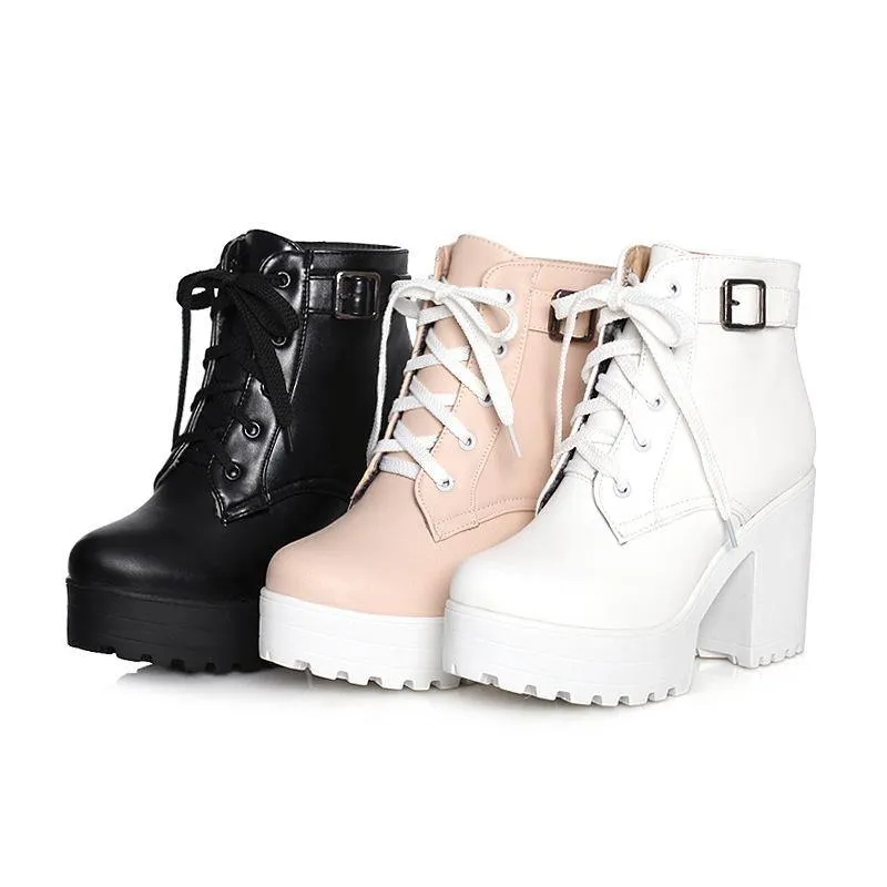 Vintage Cross Strap Chunky Boots Pink Faux Leather