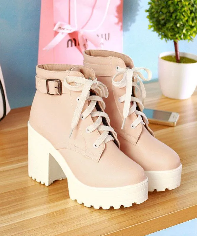 Vintage Cross Strap Chunky Boots Pink Faux Leather