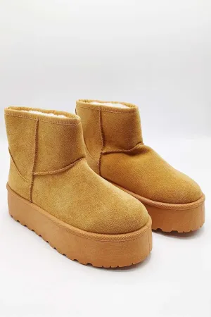 Yulla Flatform Faux Fur Lining Flatform Ankle Boots in Tan